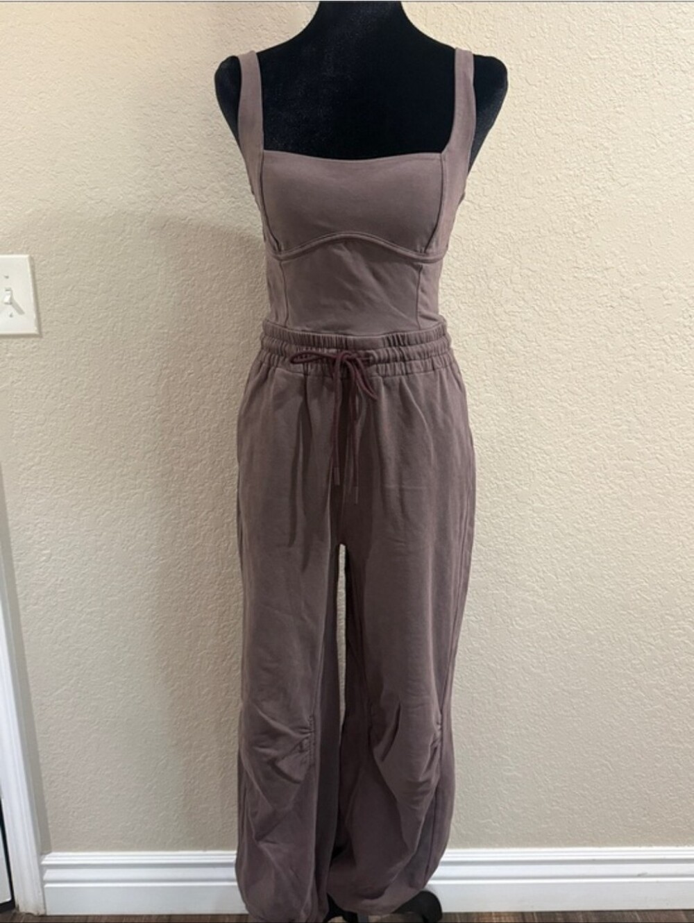 New Free People Inbound Washed Brown Square-Neck Jumpsuit with Drawstring Waist - Picture 4 of 8